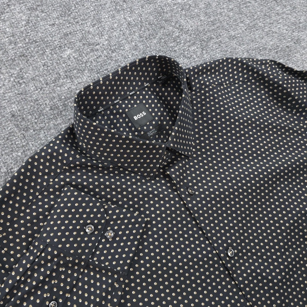 Boss Shirt Mens XL 17.5 34/35 Black Hank Kent Slim Fit Stretch Polka Dot Dress